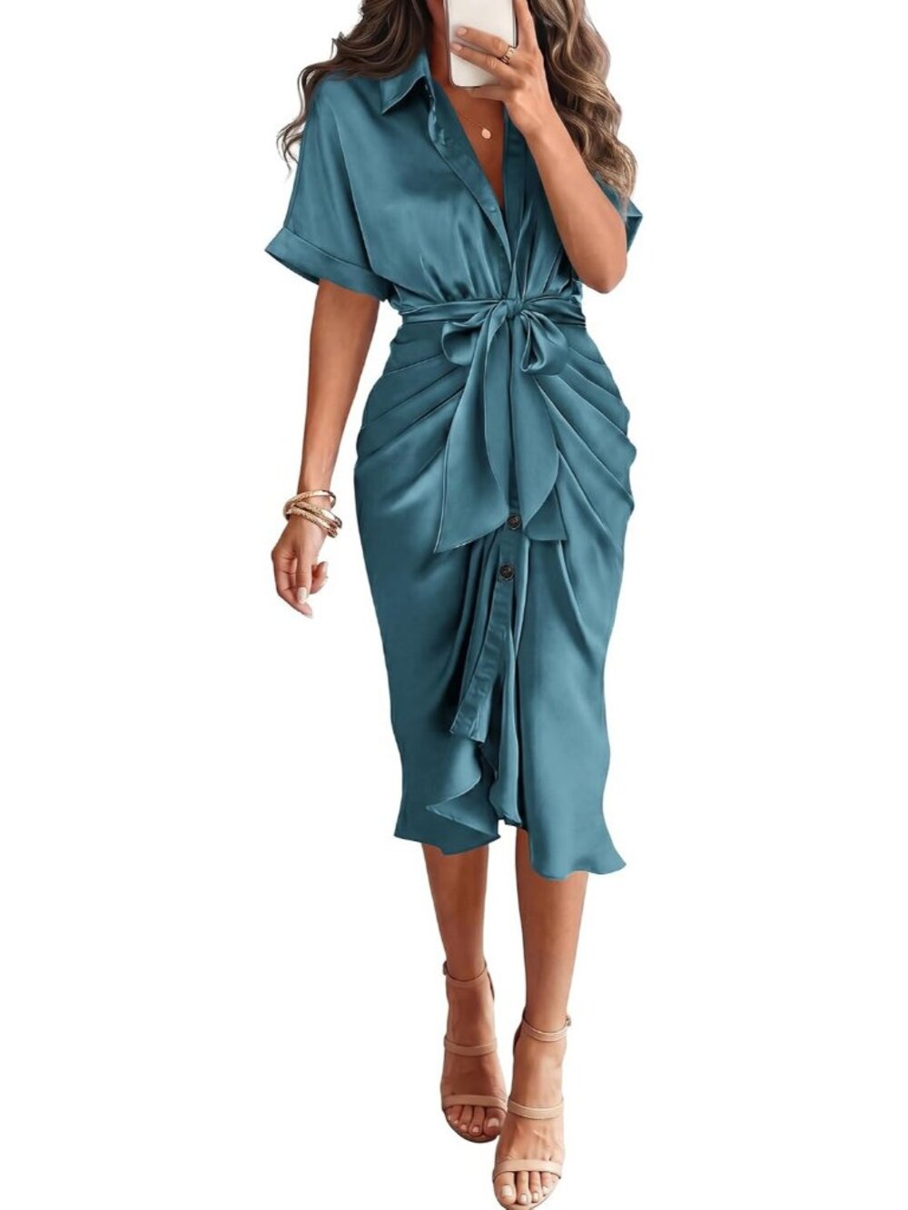 Women's Blue Green Short Sleeve Button Down Tie Waist Silk Satin Maxi Dresses